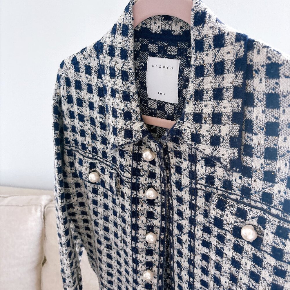 Sandro Navy and Cream Tweed Pearl-Front Jacket